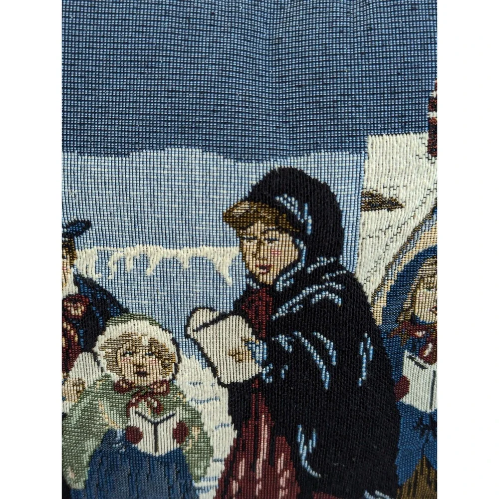 Christmas Snow Scene Tapestry Pillow Set Carolers Church Decor Blue 11x11